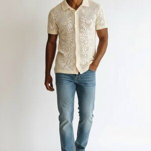 Arizona Mens Short Sleeve Button Polo Sweater in Ercu - Size L